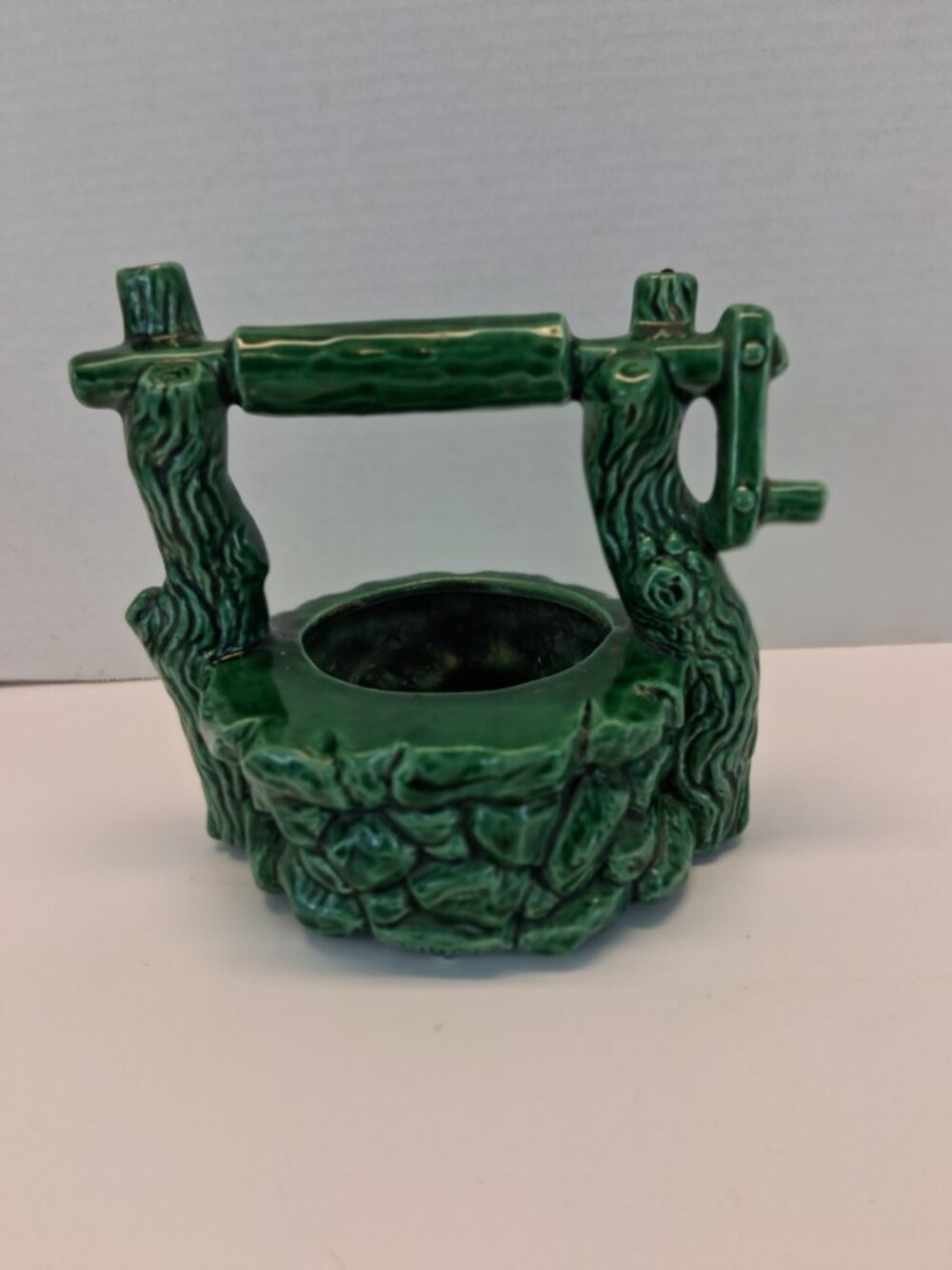 VTG Lane & Co L.A. Cal 1954 Green Ceramic Wishing Well Planter 6.5" Tall Rustic